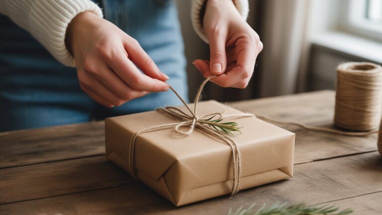 Rankos greitai susieja tvarią dovaną su natūralia virve ir maža šakele, ant kaimiško medinio stalo, minkšto lango šviesos, realistiškos.