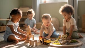 Realus įvairių vaikų, apgalvotai sąveikaujančių su natūraliais, tvariais žaislais, įvaizdis, esant minkštai, šiltai šviesai, įkūnijanti atsakingą žaidimą.