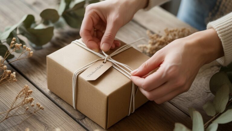 Fotorealistinis iš arti: rankos kruopščiai susiedamos suasmenintą etiketę ant tvarios dovanų dėžutės, pagamintos iš perdirbto popieriaus, tarp džiovintų botaninių medžiagų.