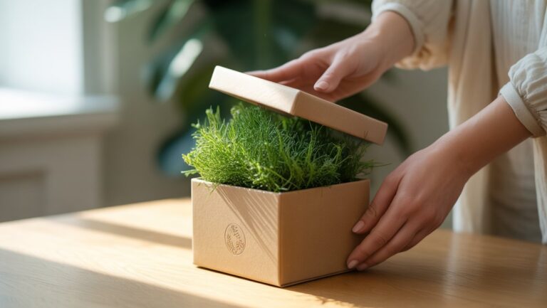 Realus vaizdas: Elegantiškos rankos švelniai atidaro žemės tonizuotą dovanų dėžutę, atskleidžiančią gyvybingą žalią augalą. Švelni natūrali šviesa apšviečia minimalistinę, šiuolaikišką aplinką, pabrėžiant tvarų dovaną.