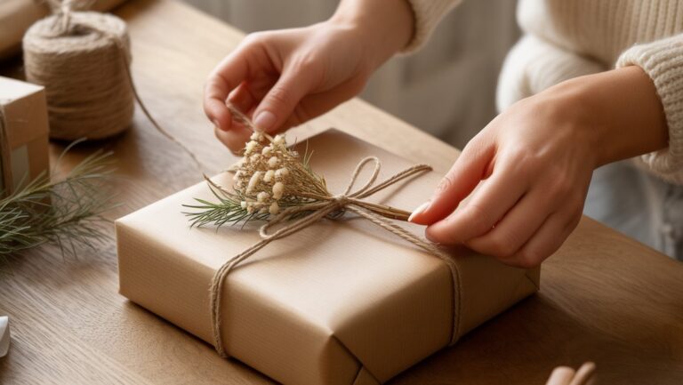 Realus rankų iš arti apvyniojant dovaną su perdirbtu „Kraft“ popieriumi, natūralia virve ir džiovintais botanikaliais ant šilto medinio paviršiaus, išsimaudytos minkšta dienos šviesa.