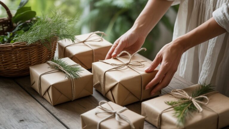 Realus rankų, apgalvotai išdėstytų įvairias ekologiškas dovanas, apvyniotas natūraliomis medžiagomis, iš arti, maudosi minkšta natūralia šviesa, perteikiant tvarumą.