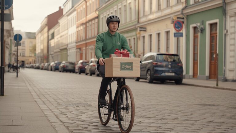 Realus ekologiško kurjerio įvaizdis ant dviračio, pateikdamas tvarkingai supakuotą dovaną tvarioje, natūralaus pluošto dėžutėje, žavios Lietuvos gatvės fone.