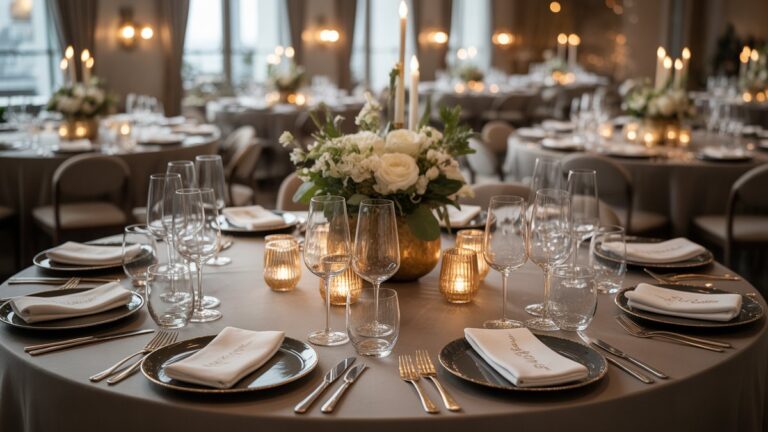 Plati, fotorealistinė elegantiškos įvykių erdvės scena, kurioje yra įvairūs, gražiai pateikiamos unikalios dovanos ir atminimo žetonai, subtiliai integruoti į sudėtingus stalo nustatymus. Minkštas, šiltas aplinkos apšvietimas sukuria kviečiančią atmosferą.