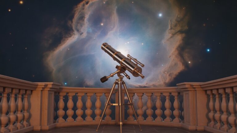 Vintažinis žalvario teleskopas, nukreiptas į apakinantį, išsamų ūkas iš elegantiško, nuošalaus observatorijos balkono naktį, hiperrealistinis, kinematografinis apšvietimas.