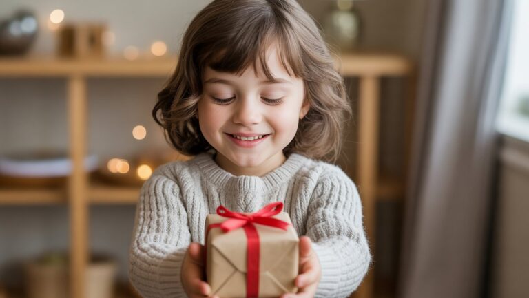 Realistiška vaiko su tikra šypsena nuotrauka, švelniai siūlanti mažą, apvyniotą dovaną, perteikdama šilumą ir empatiją dovanoti, minkštą apšvietimą.