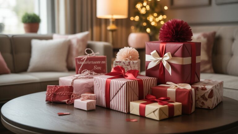 Jauki, elegantiškai dekoruota romantiška aplinka, įvairaus, gražiai apvyniotų Valentino dienos dovanų „jam“ ir „jos“ subtiliai išdėstyta, švytinčioji šilta šviesa, kino fotorealizmas.