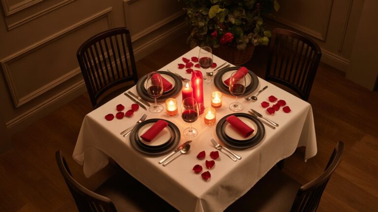Romantiškas žvakių pietų stalas, skirtas dviem su rožių žiedlapiais, vyno taurėmis ir elegantiškais dovanų pristatymais, peržiūrėtais iš viršaus, šiltą aplinkos apšvietimą, fotorealistinę Valentino atmosferą.