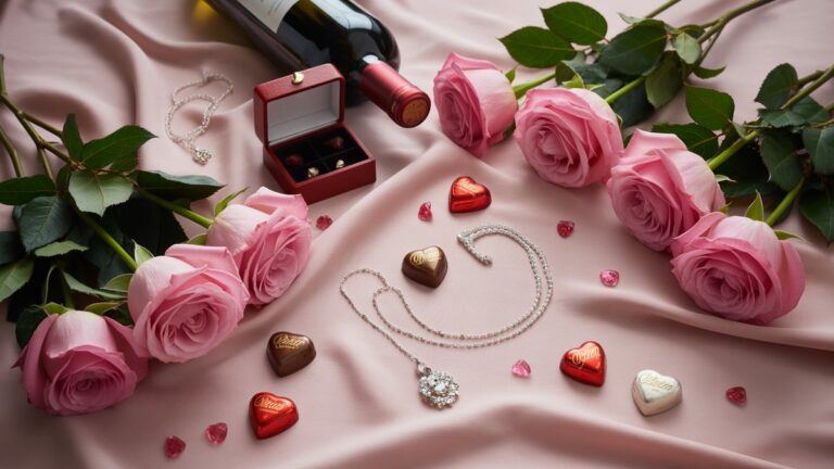 Elegantiška Valentino dovanų kolekcija, dailiai išsklaidyta per minkštą rožinį šilko audinį - rožės, šokolado širdys, papuošalų dėžutė, vyno butelis - svajingas romantiškas apšvietimas, fotorealistinė natiurmortinė kompozicija.