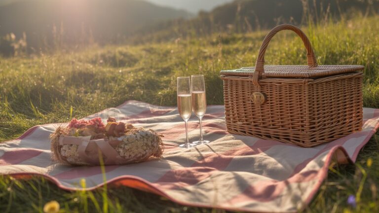 Nuosekli pikniko antklodė, išdėstyta saulės spinduliuote, puolė, puošnų, uždarą pintų krepšį ir dvi šampano fleitos laukiančios, auksinės valandos, fotorealistinės, plačios kadro.