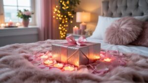 Gražiai suvyniota, elegantiška dovanų dėžutė, įsikūrusi ant pliušinės rožinės žiedlapių lovos, maudoma minkštu mirgėjančios žvakių šviesos švytėjimu jaukioje, intymiame miegamojo aplinkoje, tikroviškame, plačiame šūvyje.