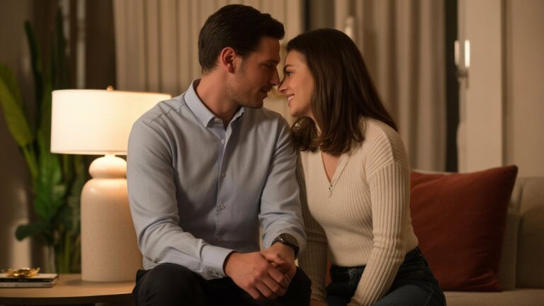 Moderni, įvairialypė pora dalijasi jaukia, intymi momentu stilinguose namuose, subtiliai bendraudama su elegantiškais daiktais, kurie įkūnija ir praktinį naudingumą, ir romantišką mąstymą. Fotorealistinė, šilta aplinkos šviesa, platus kadras.