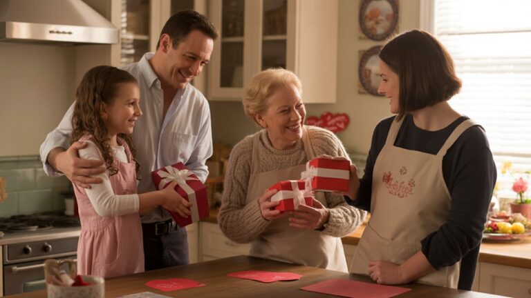 Kelių kartų šeima keičiasi rankų darbo Valentino dovanomis saulės virtuvėje, močiutėje, tėvuose ir vaikuose, kurie kartu dalijasi nuoširdžiomis akimirkomis, šiltu natūraliu apšvietimu, fotorealistiniu dokumentiniu stiliumi.