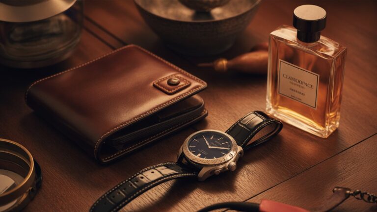 Elegantiškos vyriškos Valentino dovanos, išdėstytos ant tamsaus medinio stalo, prabangus laikrodis, odinė piniginė, odekolono butelis, šiltas aplinkos apšvietimas, rafinuota romantiška atmosfera, fotorealistinis stilius.