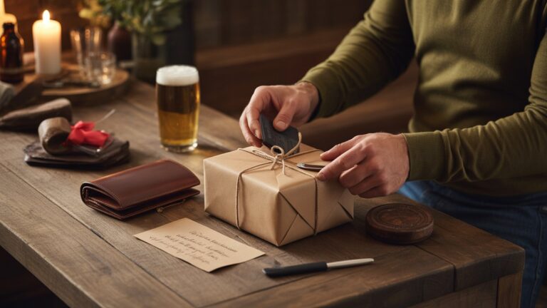 Žmogaus rankos išverčia apgalvotai kuruojamą dovanų kolekciją su odine pinigine, amatininkų alumi, viliojimo produktais ir ranka parašytu užrašu ant kaimiško medinio stalo, šiltos žvakių šviesos, fotorealistinės intymios Valentino scenos.