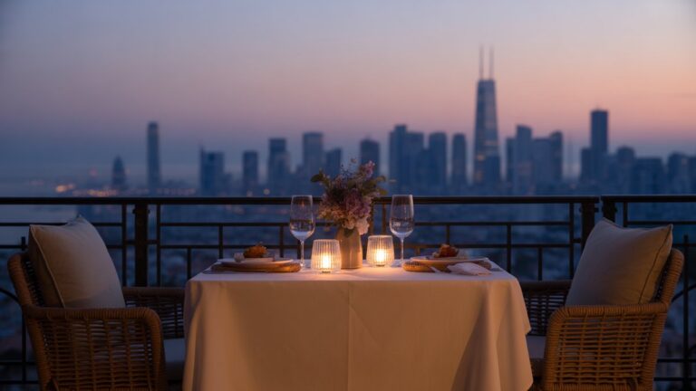 Gražiai pastatytas, intymus pietų stalas dviem balkonuose, iš kurio atsiveria vaizdas į minkštą miesto panoramą prieblandoje, su šiltu aplinkos apšvietimu. Fotorealistinis, platus kadras.