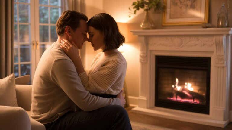 Pora, švelniai apėmusi švelniai švytintį židinį, gražiai suprojektuotoje, intymiuose namuose, auksinės valandos šviesoje, fotorealistiniame plačiame šūvyje.