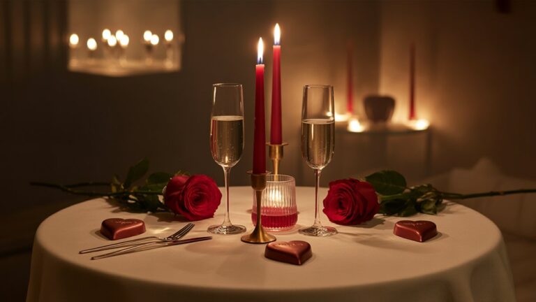 Romantiška žvakių vakarienės rinkinys dviem su raudonomis rožėmis, širdies formos šokoladu ir šampano taurėmis ant elegantiško stalo, šilto aplinkos apšvietimo, fotorealistinio kino stiliaus.