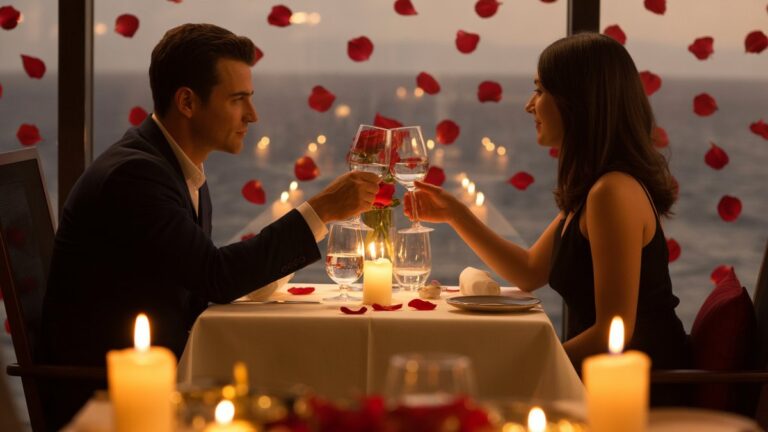 Romantiška pora, siluetuojama nuo šilto žvakių pietų stalo su rožių žiedlapiais, išsibarsčiusių aplink elegantišką restoraną, auksinę valandą apšvietimu, lauko kino gyliu, fotorealistine Valentino atmosfera.