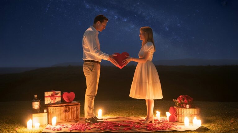 Romantiška pora, siluetuojama prieš žvaigždėtą dangų, keičiantis širdies formos dovanas šalia senovinės pikniko sąrankos su rožių žiedlapiais, šilta auksine žvakių šviesa, fotorealistinė kino atmosfera.