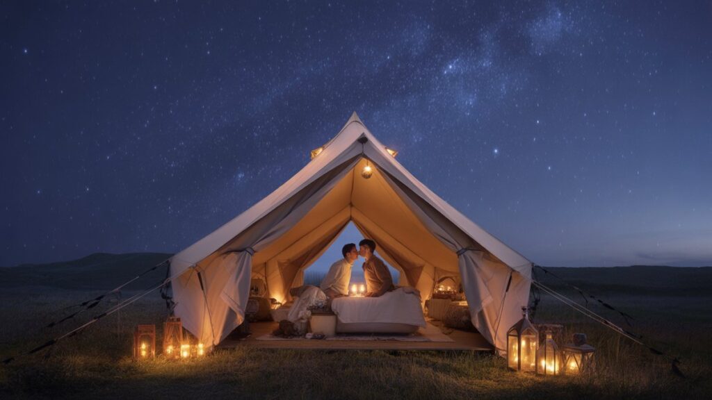 Kvapą gniaužiantis, realus platus poros kadras, pasidalinęs romantišku akimirka prabangioje, žvakių apšviestoje palapinėje po žvaigždės užpildytu dangumi, apsuptu subtiliai žvilgančių, eterinių žibintų, rodančių paslėptas galimybes ir vertę. Fotorealistinis.