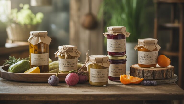 Realus amatininkų ekologiško maisto dovanų nejudantis gyvenimas ekologiškose pakuotėse, tokiose kaip konservų stiklainiai ir švieži produktai, ant kaimiško medžio paviršiaus, maudomi minkšta, natūrali šviesa, kviečianti.