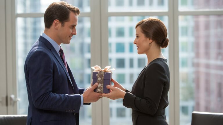 Profesionalai subtiliai keičiasi elegantiška verslo dovana modernioje, saulės apšviestoje biurų aplinkoje, perteikdami įvertinimą. Fotorealistinė, minkšta natūrali šviesa, platus kadras.