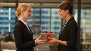 Elegantiška verslininkė, gavusi prabangią dovanų dėžutę moderniame stiklo biure, minkštą natūralų apšvietimą, profesionalią atmosferą, fotorealistinį stilių su šiltais auksiniais tonais.