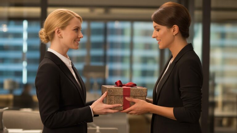 Elegantiška verslininkė, gavusi prabangią dovanų dėžutę moderniame stiklo biure, minkštą natūralų apšvietimą, profesionalią atmosferą, fotorealistinį stilių su šiltais auksiniais tonais.