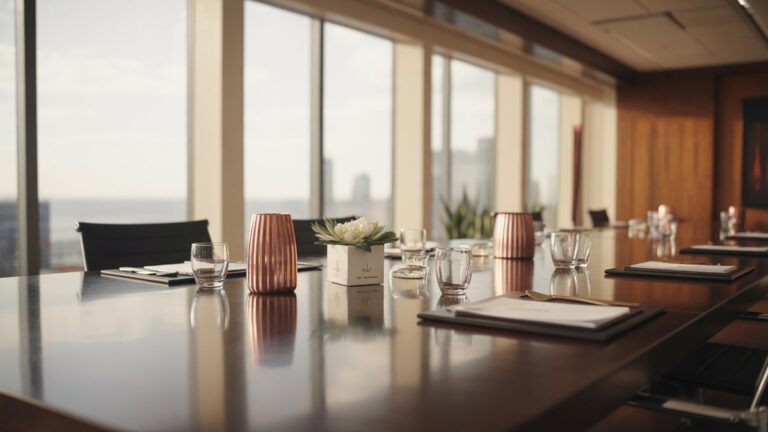 Elegantiškos, neįvertintos verslo dovanos kruopščiai išdėstytos ant poliruoto konferencijų stalo moderniame, saulės apšviestoje biure, profesionalioje aplinkoje, plačiame šūvyje, fotorealistinėje.