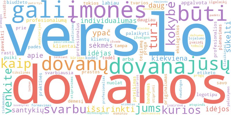 Word cloud illustrating key concepts from the article on Verslo Dovanos: Profesionalios ir Praktiškos Idėjos