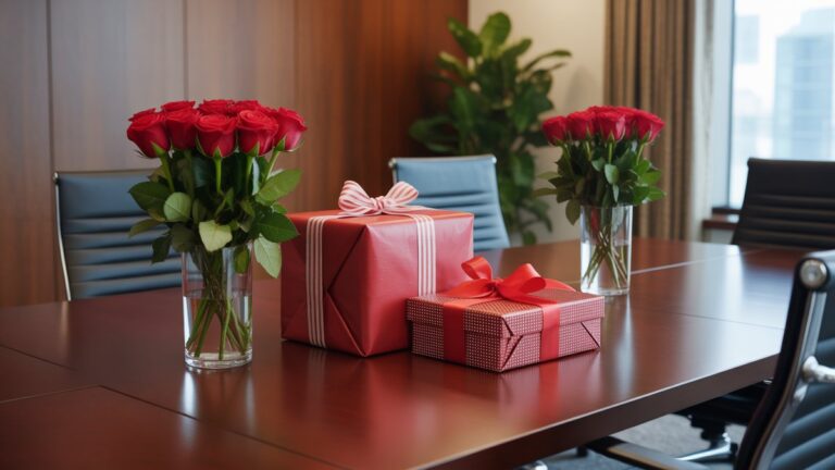 Šiuolaikinė biuro salė su elegantiškai suvyniotomis įmonių dovanomis ant raudonmedžio konferencijų stalo, raudonos rožės stiklinėse vazose, profesionalios Valentino verslo aplinka, šiltas vykdomasis apšvietimas, fotorealistinė komercinė fotografija.