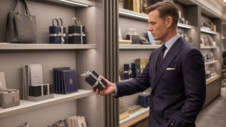 Profesionalus verslininkas, turintis elegantišką kostiumą, pasirinkdami prabangias įmonių dovanas iš sudėtingų vitrinų lentynų aukšto lygio butike, minkštą natūralų apšvietimą, rafinuotą atmosferą, fotorealistinį komercinės fotografijos stilių.