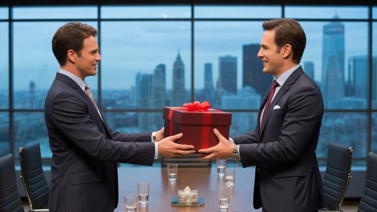 Profesionalūs verslo vadovai keičiasi elegantiškomis dovanų dėžutėmis modernioje stiklo sienos konferencijų salėje, „City Skyline“ fone, šiltas aplinkos apšvietimas, fotorealistinė korporatyvinė atmosfera.