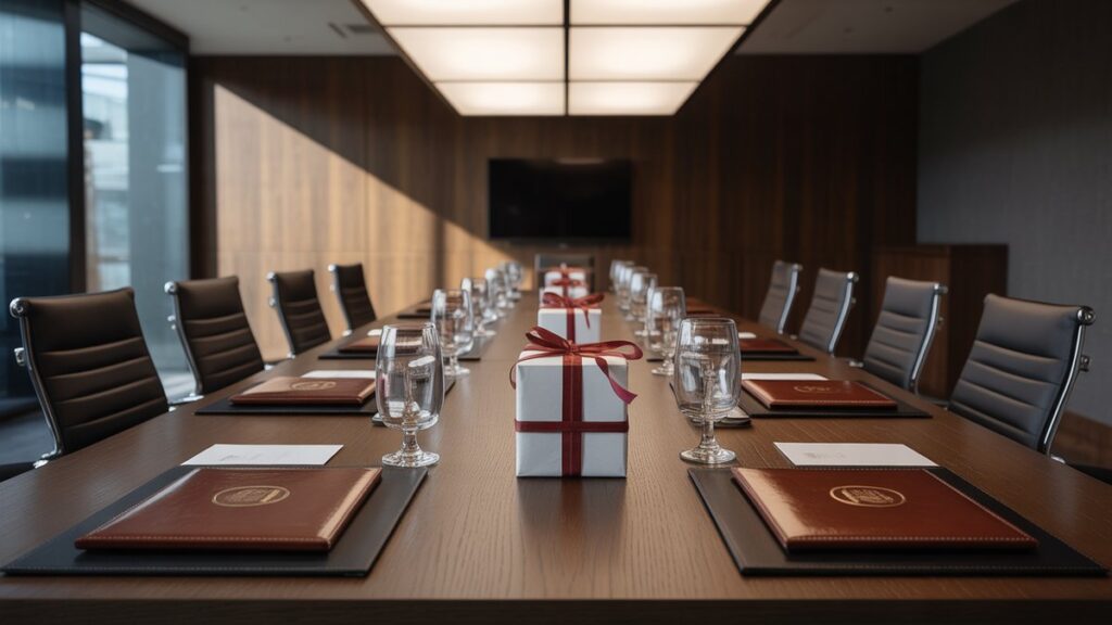 Profesionalus posėdžių salės stalas su elegantiškai suvyniotomis įmonių dovanų dėžutėmis, odos portfeliai ir firminiai daiktai, išdėstyti simetriškai, dramatiškam viršutiniam apšvietimui, liejant sudėtingus šešėlius, fotorealistinę verslo atmosferą.