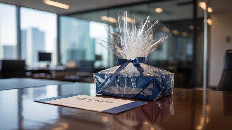 Aukščiausia, elegantiškai apvyniota verslo dovana ir korporatyvinės kupono kortelė ant poliruoto stalo, nustatyto modernioje, subtiliai neryškioje biuro aplinkoje. Fotorealistinis, minkštas profesionalus apšvietimas.