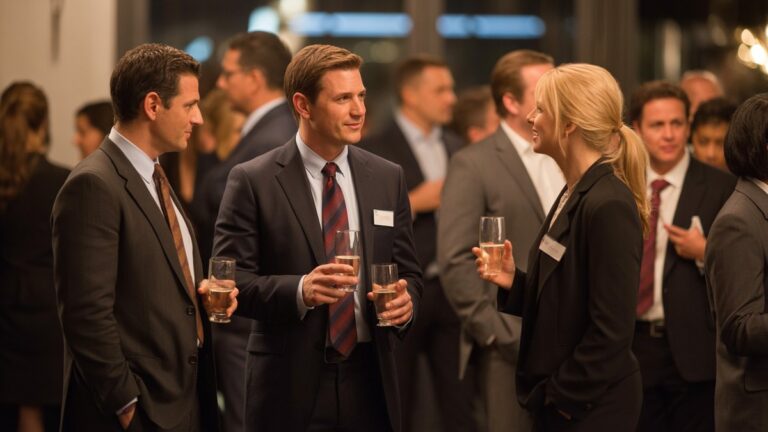 Realus, kinematografinis platus įvairaus verslo profesionalų, įsitraukusių į aukšto lygio tinklų kūrimo renginį, kadras, apšviestas šilto, kviečiančio spindesio, kuris subtiliai pabrėžia įspūdingus ryšius ir strategines partnerystes. Fotorealistinė, prabangi atmosfera.