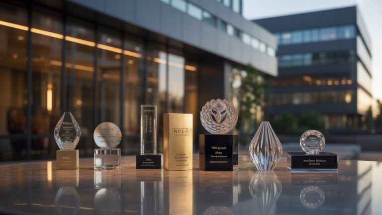 Platus, fotorealistinis kadras, kuriame demonstruojami rafinuotai pritaikytos verslo dovanų ir prestižinių atminimo apdovanojimų išdėstymas ant poliruoto, atspindinčio paviršiaus. Subtili, šilta aplinkos šviesa, neryški moderni įmonės pastato fonas.