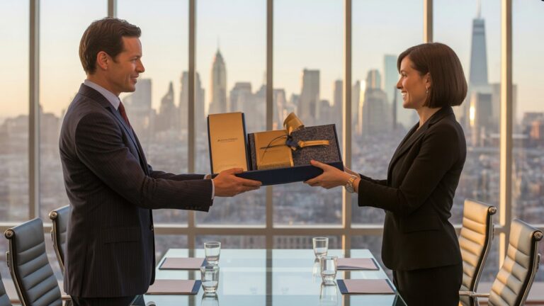 Profesionalūs verslo vadovai, keičiantys elegantiškus įmonių dovanų rinkinius šiuolaikiniame stiklo konferencijų salėje, miesto panoravimo fone, šiltą auksinį apšvietimą, fotorealistinę korporacinę fotografiją su sudėtinga kompozicija.