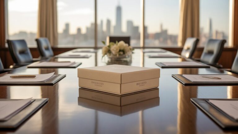 Elegantiška, subtiliai firminė verslo dovanų dėžutė remiasi ant poliruoto konferencijų stalo, maudomos minkštu, kviečiančiu šviesą tarp profesionalių dokumentų ir subtilios miesto panoramos. Fotorealistinė, plati kompozicija, sudėtingas tonas.