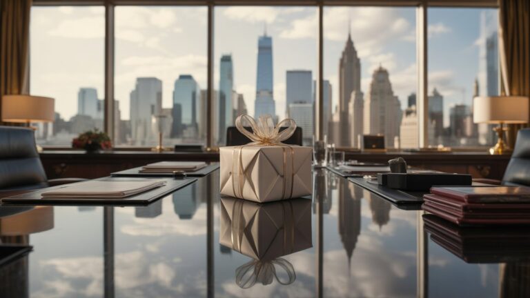 Platus, fotorealistinis vaizdas iš labai poliruoto vykdomojo stalo, atspindinčio subtiliai neryškų, „Grand City“ panoramą, elegantišką, apvyniotą verslo dovaną, pasiruošusią jos centre. Kino, minkšta aplinkos šviesa, ori atmosfera.