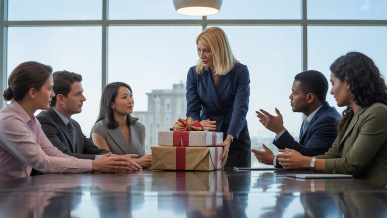 Profesionalus verslo vadovas pristato kuruojamas dovanų kolekcijas įvairioms korporacijų komandai prie aptakios konferencijų stalo, natūralaus biuro apšvietimo, modernaus minimalistinio interjero, fotorealistinio komercinės fotografijos stiliaus.