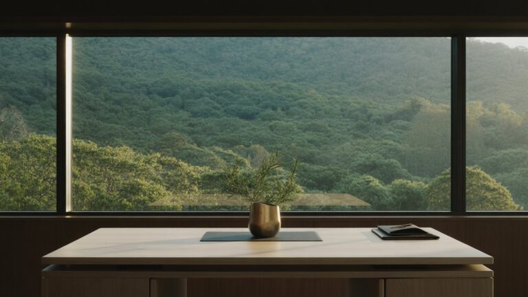 Minimalistinis korporatyvinis biurų stalas su viena elegantiška ekologiška dovana, įrėminta dideliu langu, iš kurio atsiveria vaizdas į klestintį, sodrų natūralų kraštovaizdį, esant minkštai dienos šviesai, fotorealistinei.