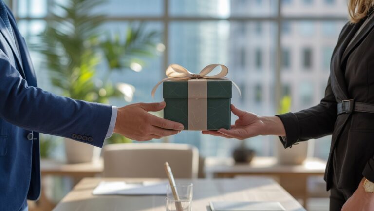 Realistiškos įmonių mainai: elegantiška verslo dovana, keičianti dviejų profesionalų modernių, saulės apšviestų biuro specialistus, perteikiantį pasitikėjimą ir vertinimą.