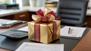 Realistiška elegantiškai apvyniotos verslo dovanų dėžutės nuotrauka, gerai matoma ant modernaus biuro stalo šalia mokesčių formų ir skaičiuoklės.