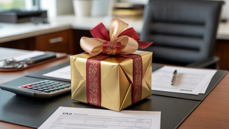 Realistiška elegantiškai apvyniotos verslo dovanų dėžutės nuotrauka, gerai matoma ant modernaus biuro stalo šalia mokesčių formų ir skaičiuoklės.