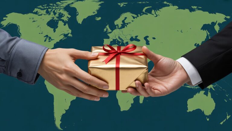 Realistiška dviejų rankų nuotrauka, viena iš Azijos kultūros, viena vakarietiška, pagarbiai apsikeitusi profesionaliai apvyniota verslo dovana pasauliniame žemėlapio fone.