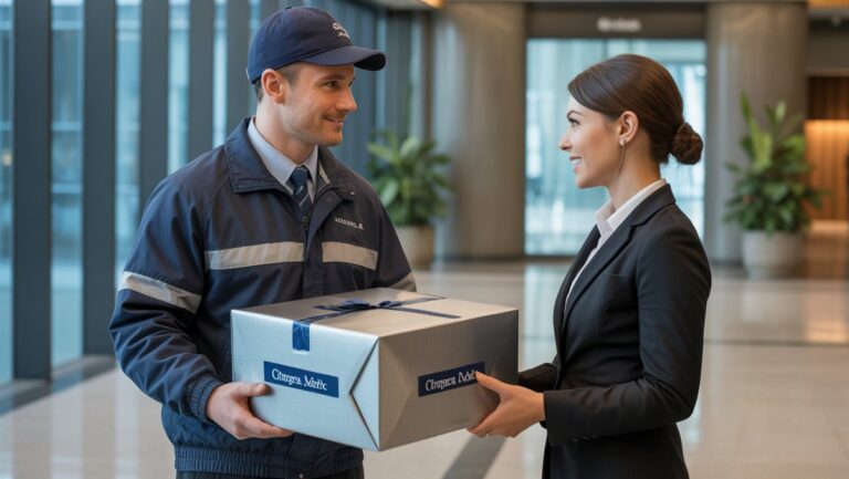 Profesionalus kurjeris įmonės uniformoje, pristatančioje aptakią, pagal užsakymą prekės ženklo verslo dovanų dėžę, vykdomajam šiuolaikiniam biuro fojė, realistiškai.