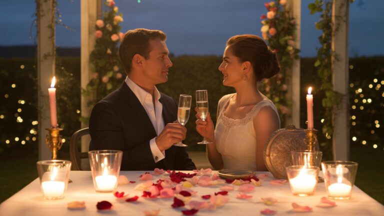 Romantiška pora švenčia vestuvių metines žvakių sodo pavėsinėje, vintažiniuose šampano taurėse, išsibarsčiusių rožių žiedlapių, auksinės valandos apšvietimo, fotorealistinės, intymios atmosferos, plačios kadro kompozicijos.