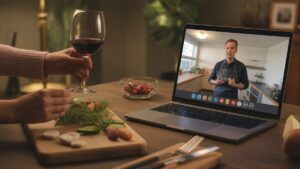 Realistiška, jauki namų scena: rankos, laikančios vyno taurę ir gurmaniškus ingredientus, nešiojamojo kompiuterio ekranas, kuriame rodomas virtualus meistriškumo klasės instruktorius. Šilta, kviečianti atmosfera.